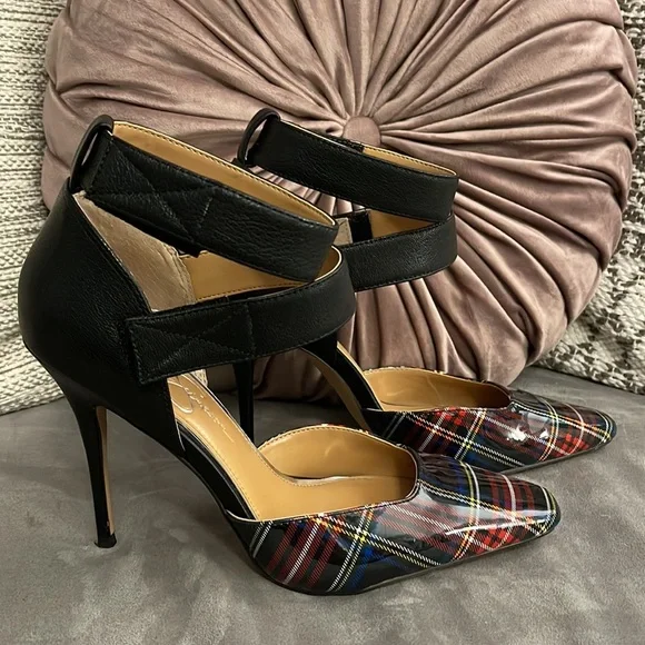 Jessica Simpson Cassiya Blue Plaid Ankle Strap Pumps - Picture 2 of 8